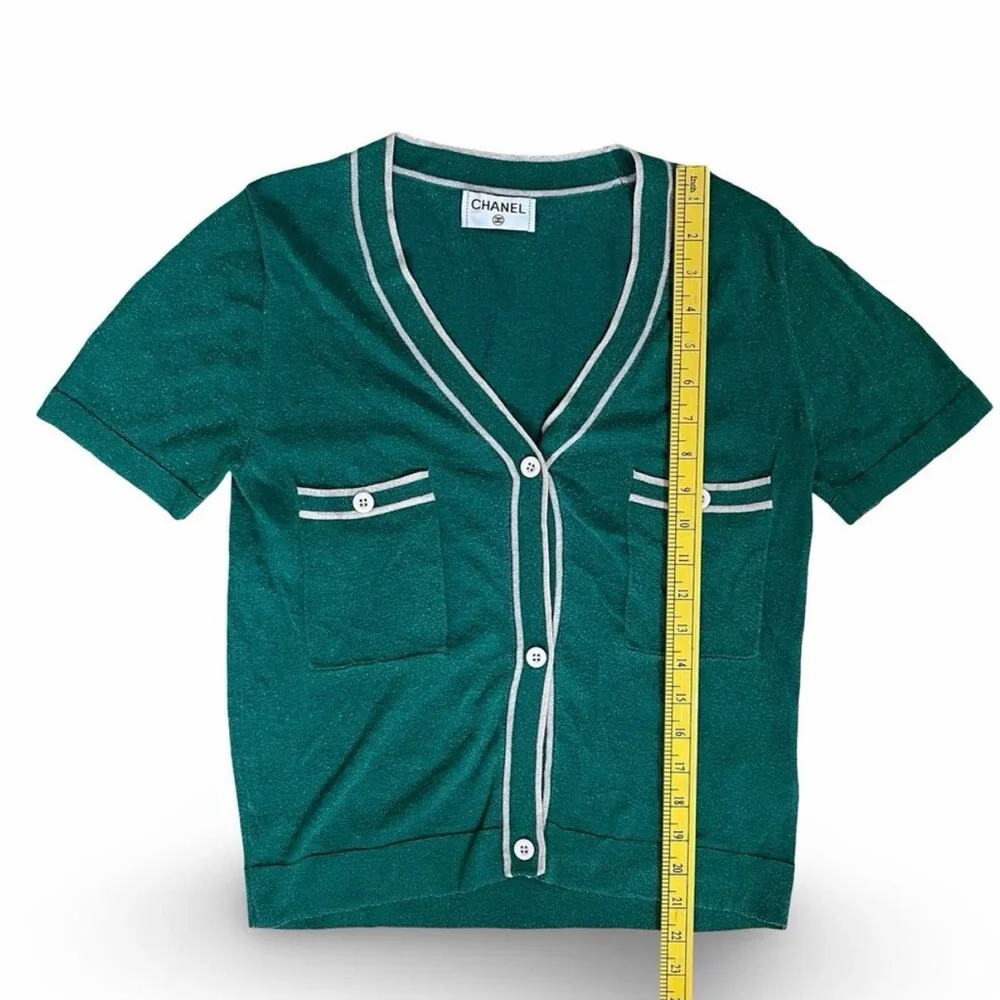 Chanel Green Top Knit Lurex Metallic Short Sleeve Classic Shirt Wool 38 US 6 90s